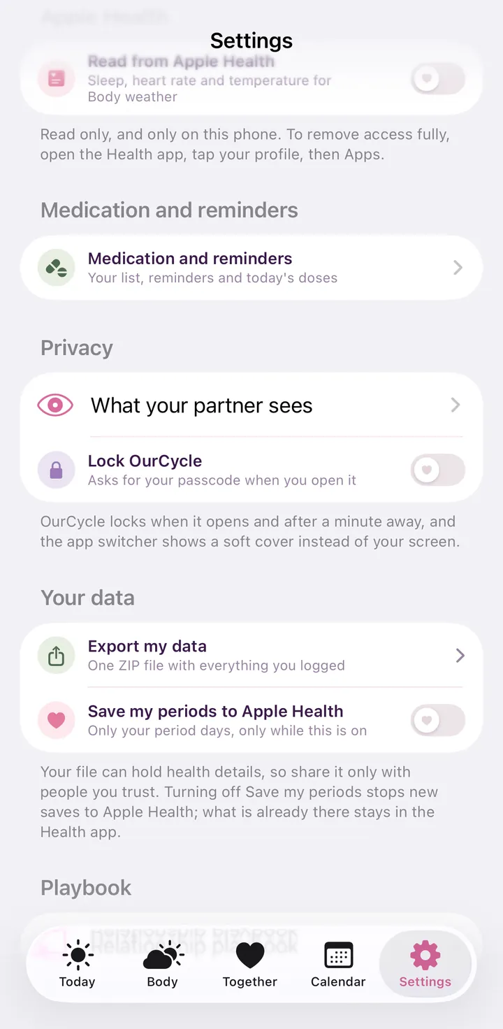 Einstellungen in OurCycle: Medikamente und Erinnerungen, was dein Schatz sieht, OurCycle sperren, meine Daten exportieren und meine Perioden in der Health App sichern.