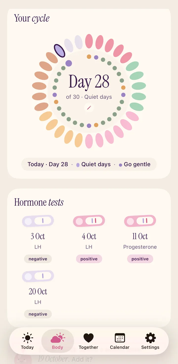 Ton cycle dans OurCycle sur iPhone : une fleur de 30 pétales avec le jour 28 au centre, et les tests hormonaux enregistrés en dessous.